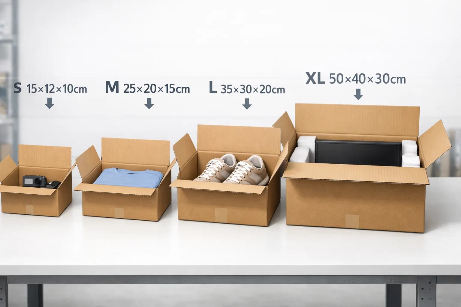 Comparaison visuelle de 4 formats de carton S, M, L, XL avec produits adaptés à chaque taille
