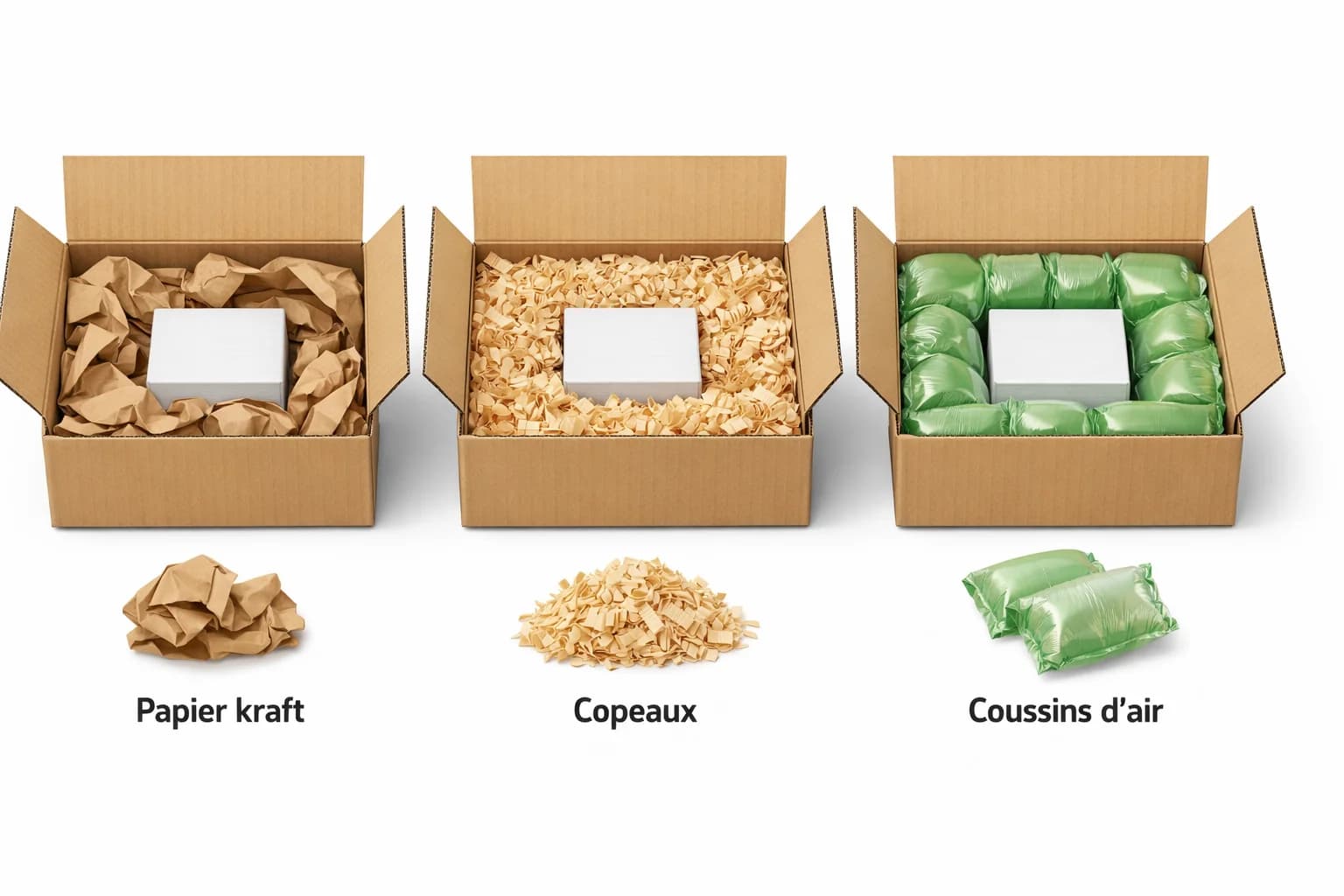 Coupe transversale de trois cartons avec différents matériaux de calage : papier kraft, copeaux, coussin d'air