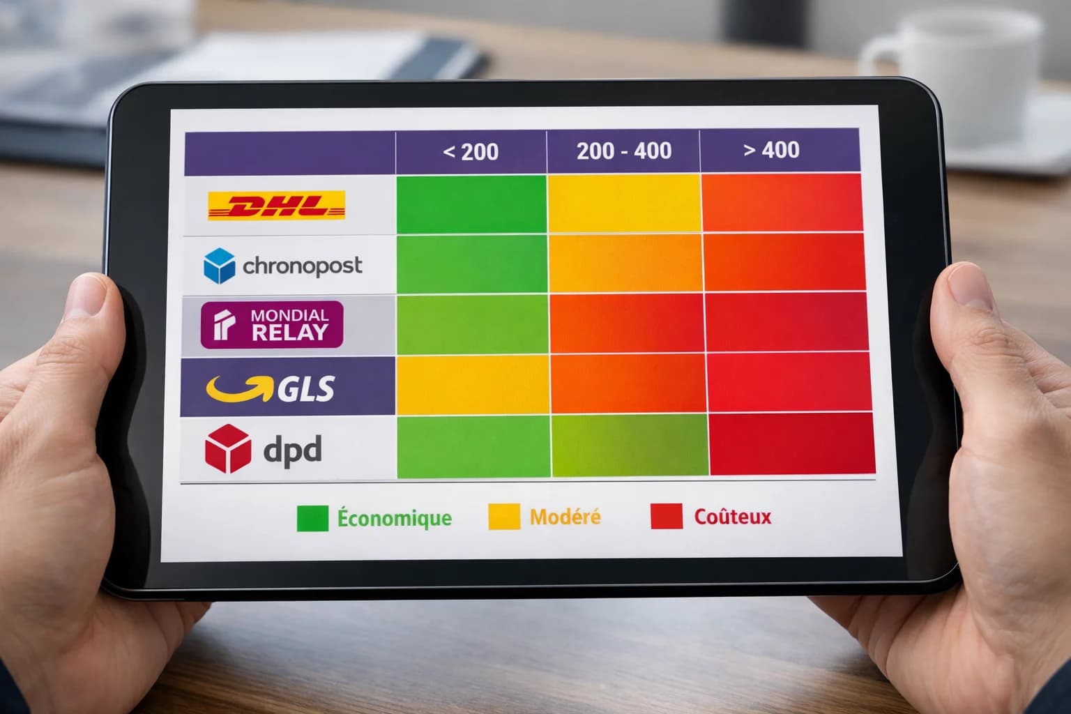 Matrice de sélection transporteur selon le ratio volume/poids du colis, cellules colorées vert (économique) à rouge (coûteux)