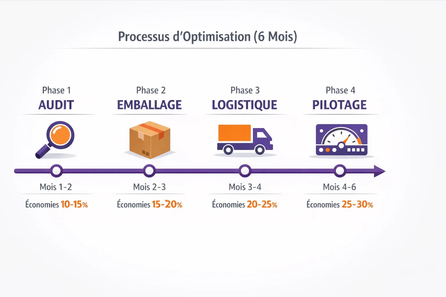 Timeline d'optimisation en 4 phases sur 6 mois : Audit, Emballage, Logistique, Pilotage avec gains estimés