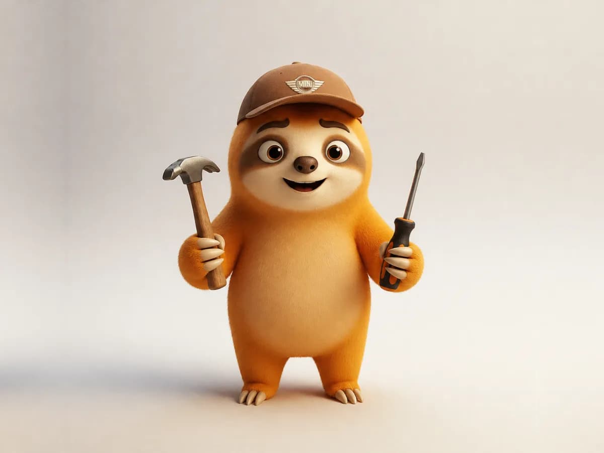 Mascotte Lazystic, un paresseux coiffé d'une casquette tenant un marteau et un tournevis, symbolisant les ressources et outils logistiques.