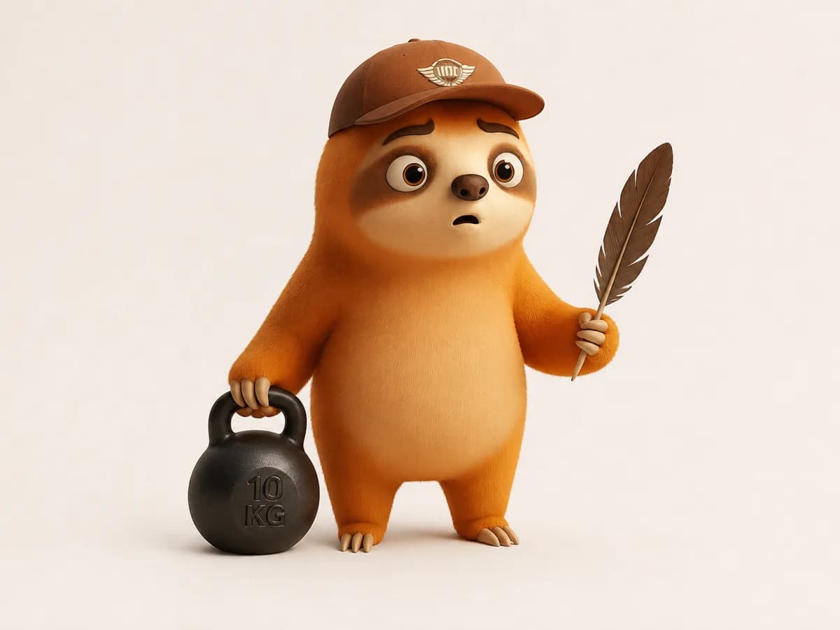 Mascotte Lazystic tenant un haltère de 10 kg d'une main et une plume de l'autre, illustrant la différence entre poids réel et poids volumétrique.