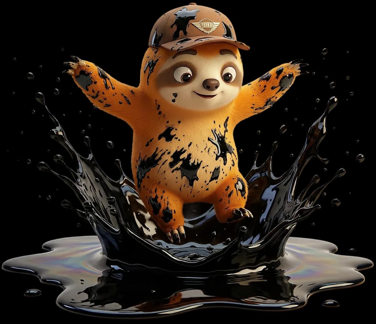 Mascotte Lazystic éclaboussée de pétrole noir, illustrant la surcharge carburant appliquée par les transporteurs.