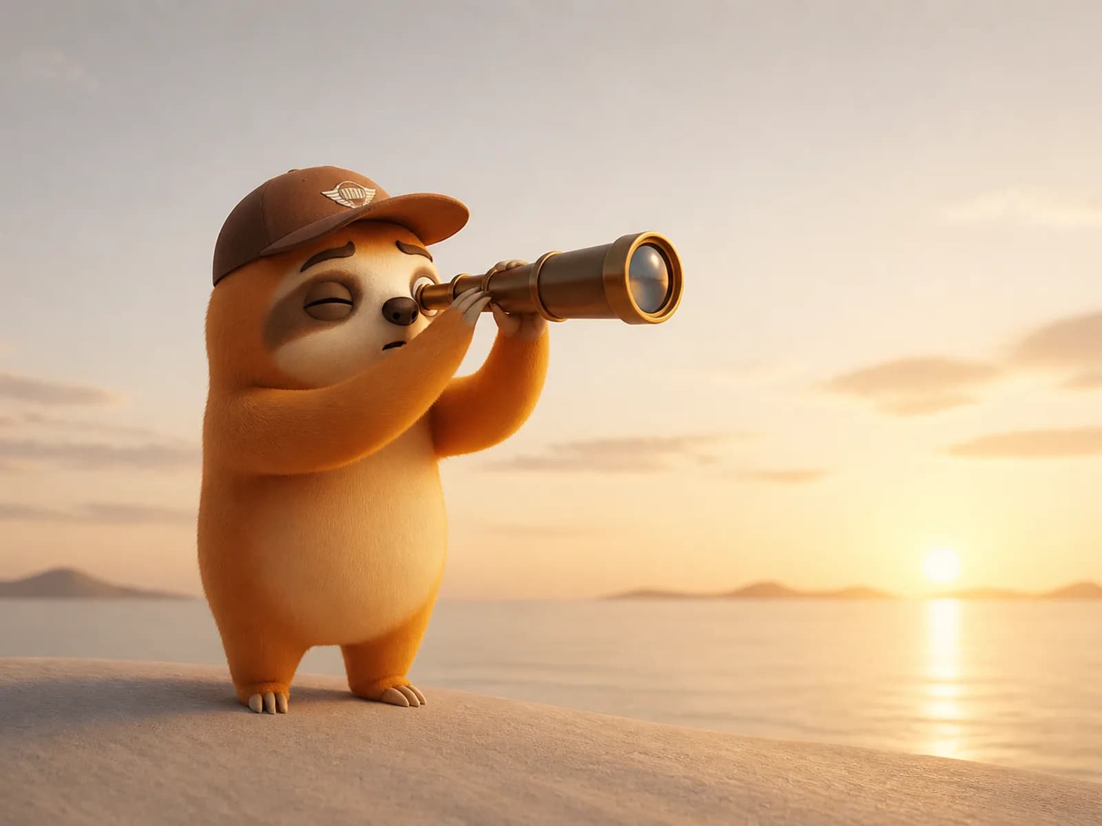 Mascotte Lazystic observant l'horizon à la longue-vue au coucher du soleil, illustrant les zones d'expédition des transporteurs.