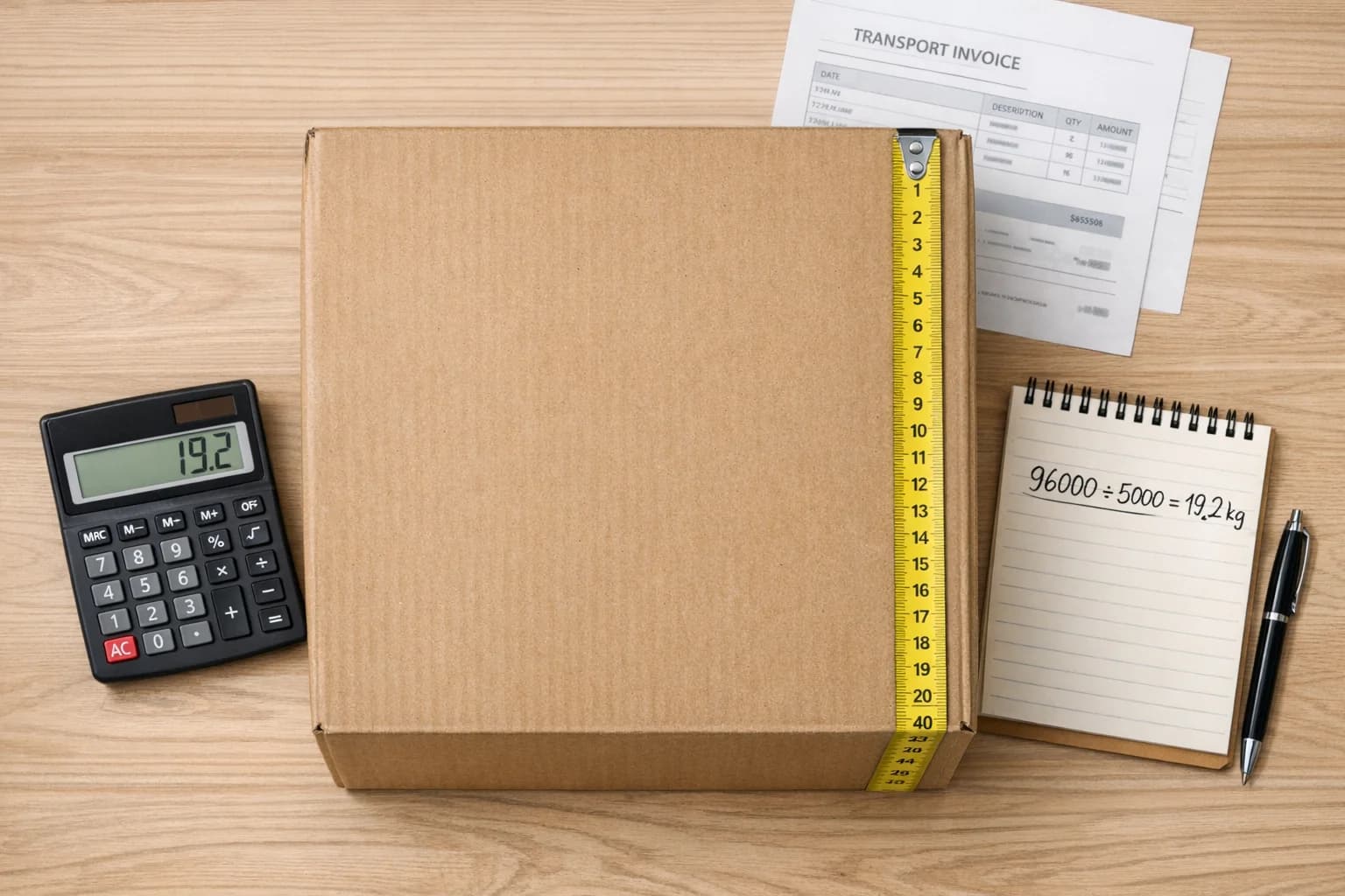 Calcul du poids volumétrique : carton mesuré avec un mètre ruban, calculatrice affichant 19,2 kg, bloc-notes avec la formule 96000 ÷ 5000 = 19,2 kg et facture de transport